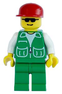 Male in Green Jacket Minifigure - Minifigure with green jacket featuring 2 large pockets, green legs, red cap, and black sunglasses - pck017