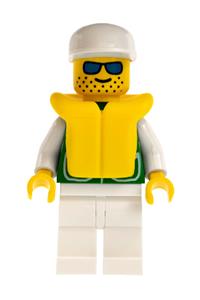 Male in Life Jacket Minifigure - Minifigure with a green jacket with 2 large pockets, white legs, white cap, and a life jacket - pck018