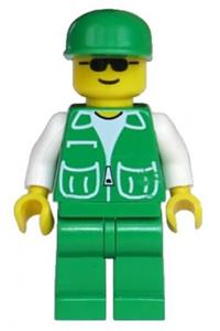 Male in Green Jacket Minifigure - Minifigure with green jacket featuring 2 large pockets, green legs, and a green cap - pck020