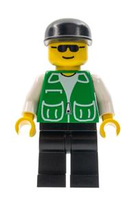 Male in Green Jacket Minifigure - Minifigure with a green jacket featuring 2 large pockets, black legs, and a black cap - pck021