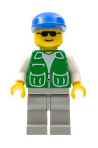 Male in Green Jacket Minifigure - Minifigure with a green jacket featuring 2 large pockets, light gray legs, and a blue cap - pck023