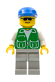 Minifigure with a green jacket featuring 2 large pockets, light gray legs, and a blue cap - pck023