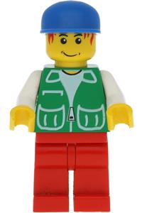 Male in Green Jacket Minifigure - Minifigure with red legs, wearing a green jacket with 2 large pockets and a blue cap - pck024