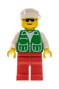 Male in Green Jacket Minifigure - Minifigure with green jacket featuring 2 large pockets, red legs, and a white cap - pck025
