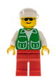 Minifigure with green jacket featuring 2 large pockets, red legs, and a white cap - pck025