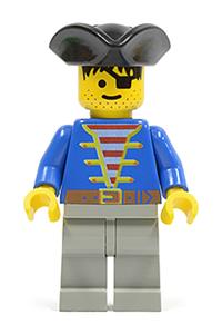 Pirate Minifigure - A pirate with a blue jacket, light gray legs, and wearing a black pirate triangle hat - pi005