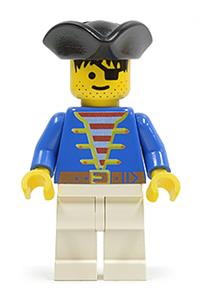 Pirate Minifigure - Pirate with a black pirate triangle hat, blue jacket, and white legs - pi006