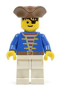 Pirate First Mate Rummy Minifigure - Pirate with white legs wearing a brown pirate triangle hat and a blue jacket - pi009