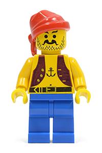 Pirate Minifigure - Reissued pirate with a light purple vest with an anchor design, blue legs, and a red bandana - pi013new