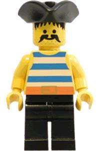 Pirate Minifigure - Pirate wearing a black pirate triangle hat and a blue/white stripes shirt with black legs - pi017