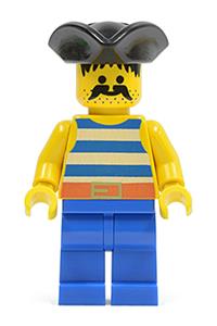 Pirate Minifigure - Pirate wearing a blue/white striped shirt, blue legs, and a black pirate triangle hat - pi018