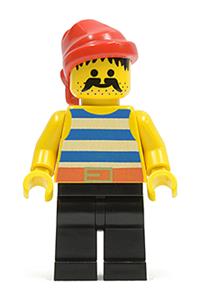 Pirate Minifigure - Pirate with a blue/white stripes shirt, black legs, and a red bandana - pi020