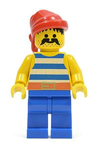 Pirate Minifigure - Pirate wearing a blue and white striped shirt with blue legs and a red bandana - pi021