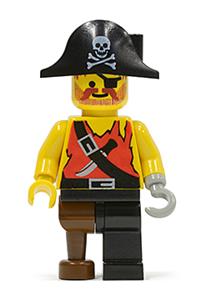 Pirate Minifigure - Pirate wearing shirt with knife, black leg with peg leg, and black pirate hat with skull - pi022