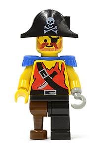 Pirate Minifigure - Pirate with a shirt with knife, black leg with peg leg, black pirate hat with skull, and blue epaulettes - pi023