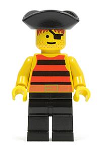 Pirate Minifigure - Pirate with a red/black striped shirt, black legs, and a black pirate triangle hat - pi025