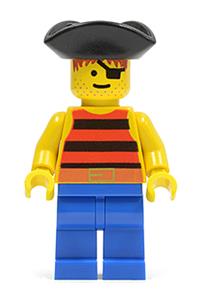 Pirate Minifigure - Pirate with red and black stripes shirt, wearing a black pirate triangle hat and blue legs - pi026