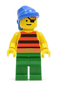 Pirate Minifigure - Pirate wearing a red and black striped shirt with green legs and a blue bandana - pi029