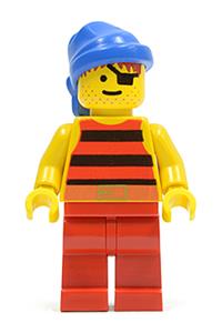 Pirate Gonzo Goldbar Minifigure - Pirate with Red / Black Stripes Shirt, Red Legs, Blue Bandana - pi030