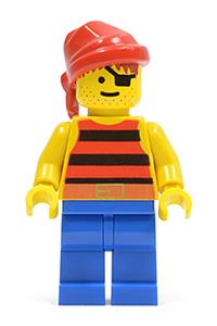 Pirate Minifigure - Pirate minifigure with red/black stripes shirt, blue legs, and a red bandana - pi032