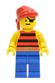 Pirate minifigure with red/black stripes shirt, blue legs, and a red bandana - pi032