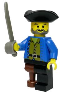 Pirate Minifigure - Pirate with a brown shirt, black leg with peg leg, and a black pirate triangle hat - pi036