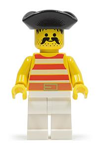 Pirate Minifigure - Pirate with a red and white striped shirt, white legs, and a black pirate triangle hat - pi039