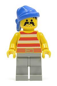 Darwin the Pirate Minifigure - Pirate wearing a red and white striped shirt with light gray legs and a blue bandana - pi041