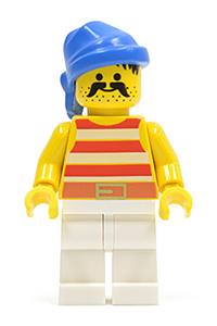 Pirate Minifigure - Pirate with a red and white stripes shirt, white legs, and wearing a blue bandana - pi042