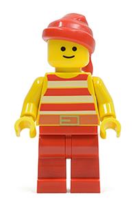 Pirate Bo'sun Will Minifigure - Pirate wearing a red and white striped shirt, red legs, and a red bandana - pi046