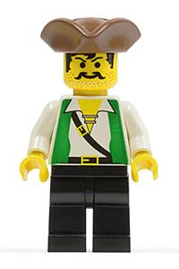 Pirate Minifigure - Pirate wearing a brown pirate triangle hat, a green vest, and black legs - pi048
