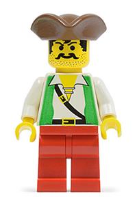 Pirate Minifigure - Pirate wearing a brown pirate triangle hat, green vest, and red legs - pi049