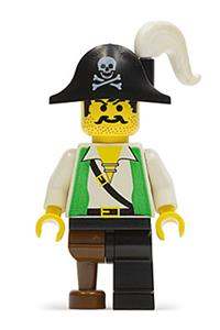 Pirate Minifigure - Pirate with a green vest, black legs including a pegleg, and a black pirate hat with a skull - pi050