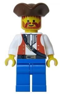 Pirate Minifigure - Pirate wearing a brown vest with ascot, brown pirate triangle hat, and blue legs - pi054