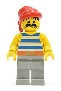 Pirate Minifigure - Pirate wearing a blue and white striped shirt, with light gray legs and a red bandana - pi072