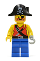 Pirate wearing a shirt with a knife, blue legs, and a black pirate hat with a skull - pi075