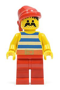 Pirate Minifigure - Pirate with a blue/white striped shirt, red legs, and a red bandana - pi076