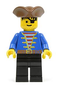 Pirate Minifigure - Pirate with black legs, wearing a blue jacket, a brown pirate triangle hat, and black hair - pi080