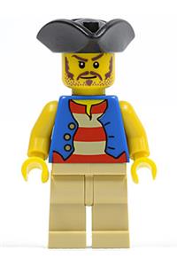 Pirate Minifigure - Pirate with a long brown moustache wearing a black pirate triangle hat, blue vest, and tan legs - pi082