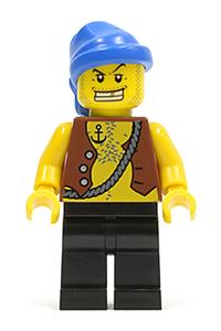 Pirate Minifigure - Pirate with a blue bandana, gold tooth, wearing a vest with an anchor tattoo, and black legs - pi084