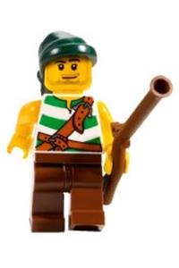 Pirate Minifigure - Pirate with green/white striped outfit, reddish brown legs, dark green bandana, smirk, and stubble beard - pi094