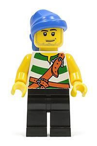 Pirate Minifigure - Pirate with green/white striped torso, black legs, blue bandana, smirk, and stubble beard - pi096