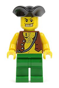 Pirate Minifigure - Pirate with vest and anchor tattoo, wearing a tricorne hat, and green legs - pi097