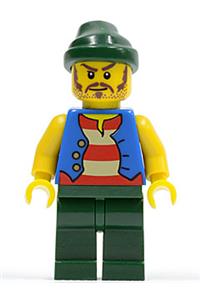 Pirate Minifigure - Pirate with Blue Vest, Dark Green Legs, Dark Green Bandana, Long Brown Moustache - pi099