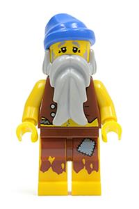 Pirate Minifigure - Pirate with a gray beard, wearing a blue bandana, vest, and sporting an anchor tattoo - pi100