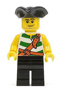 Pirate Minifigure - Pirate with green and white striped torso wearing a tricorne hat and black legs - pi106