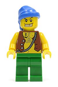 Pirate Minifigure - Pirate with a vest and anchor tattoo wearing green legs, a blue bandana, and having a gold tooth - pi107