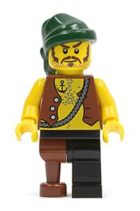 Pirate Minifigure - Pirate with a vest, anchor tattoo, and brown moustache wearing a dark green bandana, black legs, and a peg leg - pi110