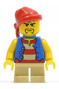 Pirate Minifigure - Pirate with a red bandana, black beard, blue vest, and tan short legs - pi120