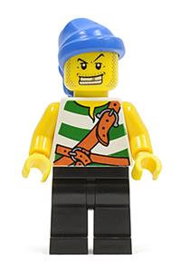 Pirate Minifigure - Pirate with green and white striped outfit, black legs, blue bandana, and white teeth with a gold tooth - pi131